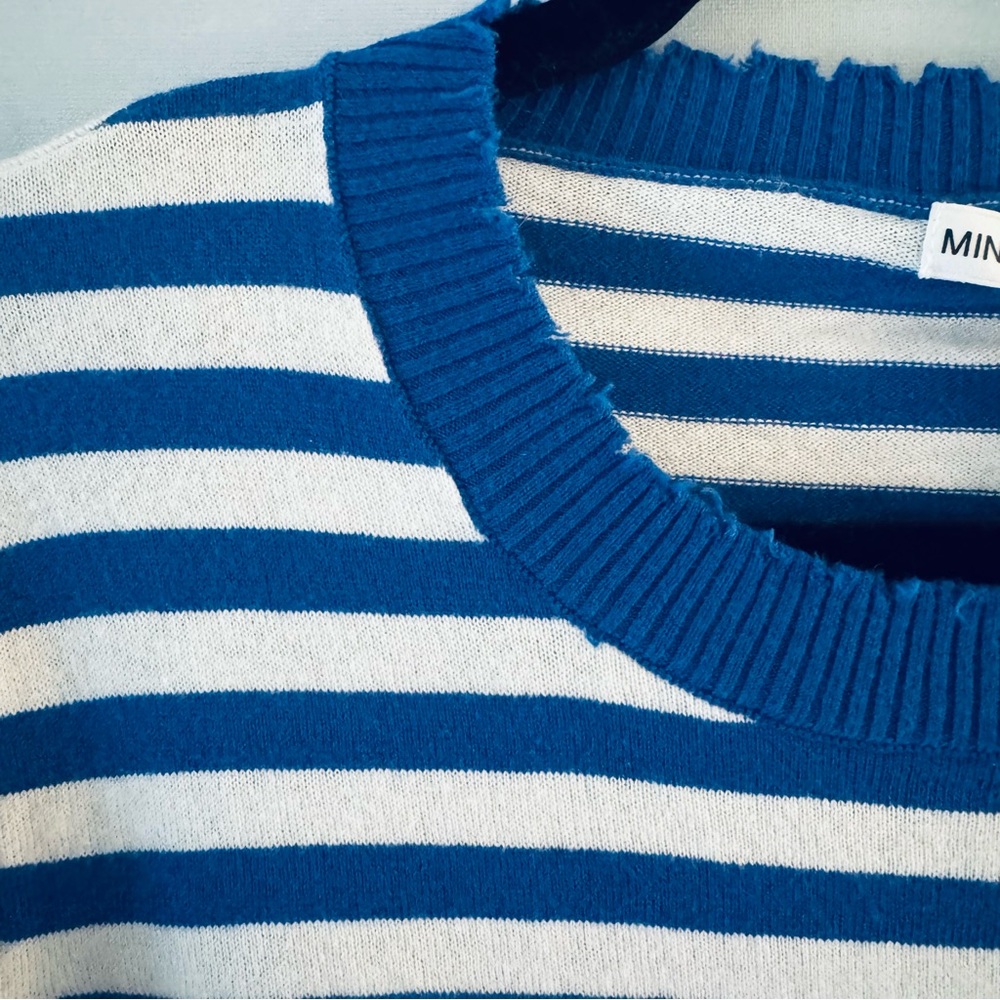 Minnie Rose Frayed Hem Striped Knit Tee Cotton Cashmere Blue White Large NWT - Picture 4 of 10